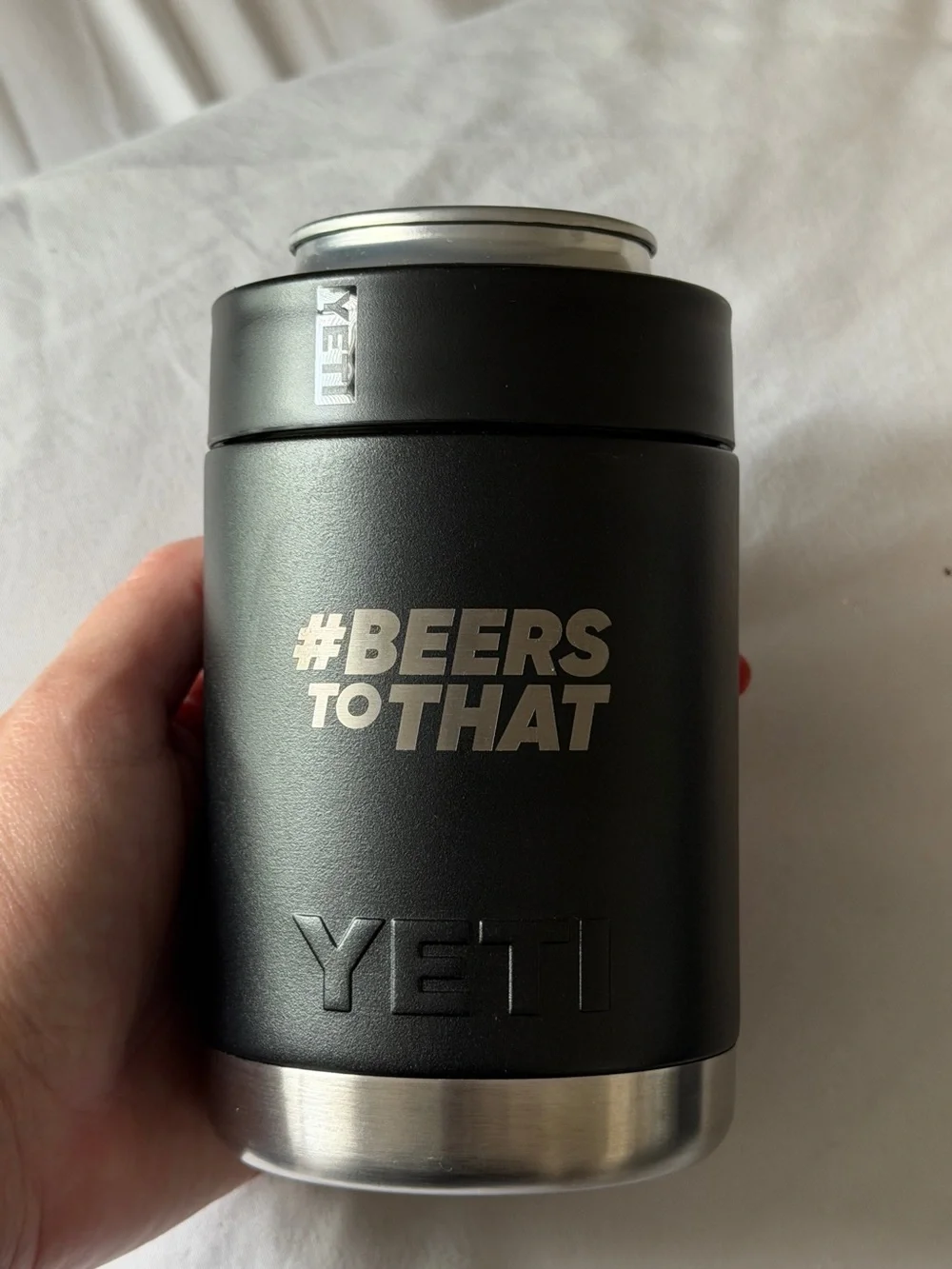 Yeti Matte Black Can Insulator with Silver Accents and #BEERSTOTHAT Text